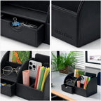 Desk Organizer - Multifunctional Leather Desktop Pen Holder Storage Box - Business Card/Pen/Pencil/Mobile Phone/Stationery Holder, Black