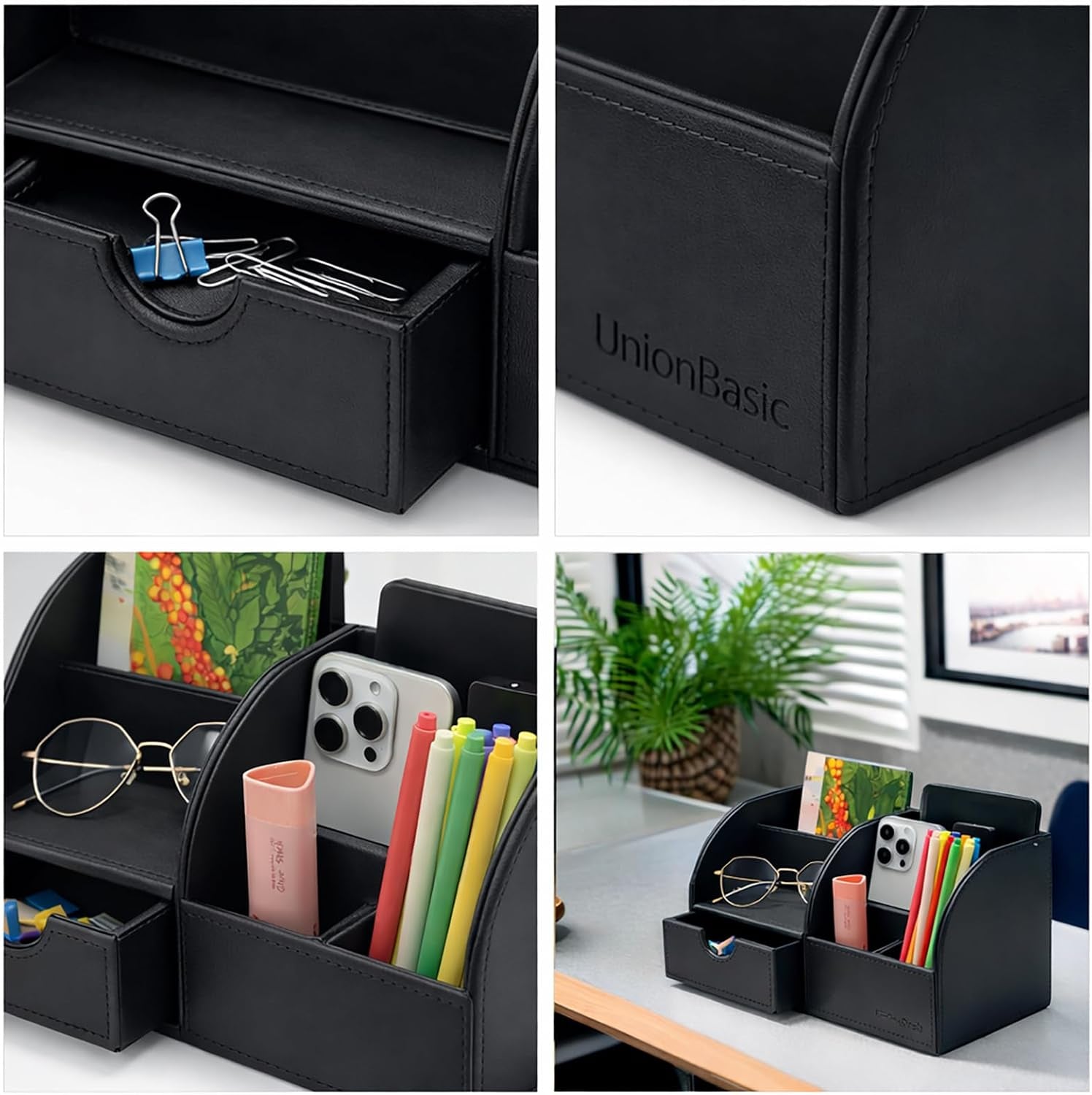 Desk Organizer - Multifunctional Leather Desktop Pen Holder Storage Box - Business Card/Pen/Pencil/Mobile Phone/Stationery Holder, Black