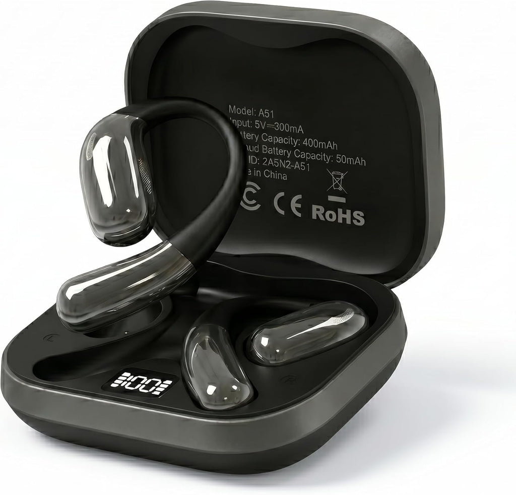 Open Ear Headphones, Wireless Headphones with Smart Digital Display & Mic, Open Ear Earbuds 35H Playtime, Sweat Resistant & Waterproof, Secure Comfortable Fit - Running, Sport, Driving, Daily (Black)