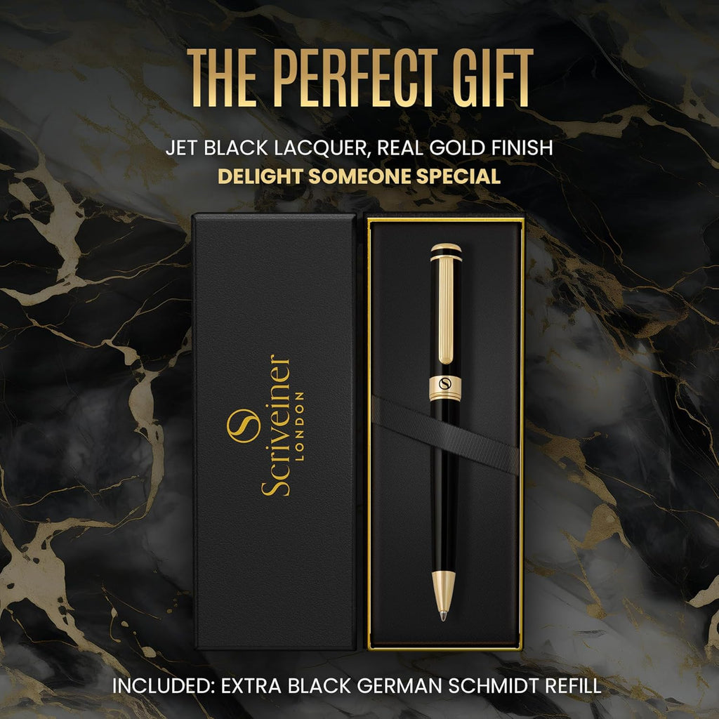 Black Lacquer Ballpoint Pen -Stunning Luxury Pen, Real Gold Plating, Schmidt Black Refill, Best Gift Set for Men & Women, Professional Executive Office, Nice Fancy Designer Pens