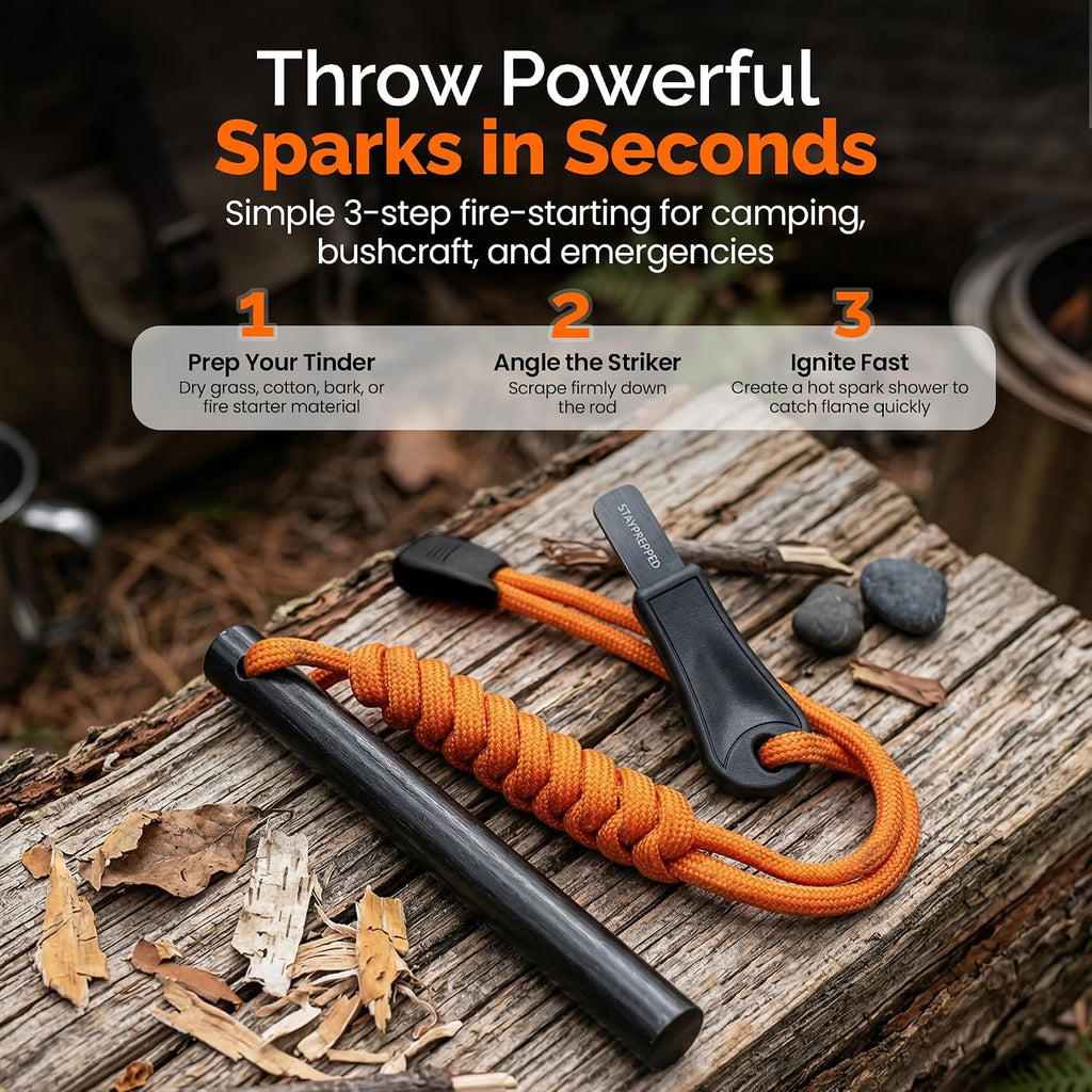 4 Inch Survival Ferrocerium Drilled Flint Waterproof High Spark Fire Starter | Ferro Rod Kit with Orange Paracord Landyard Handle and SS Striker