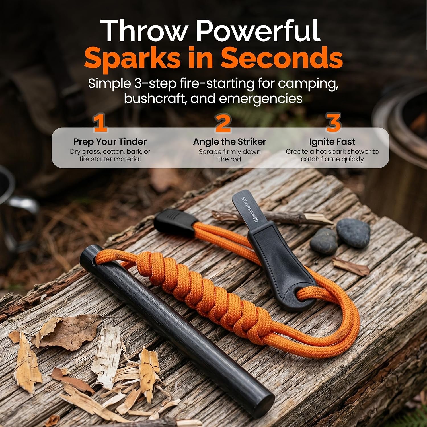 4 Inch Survival Ferrocerium Drilled Flint Waterproof High Spark Fire Starter | Ferro Rod Kit with Orange Paracord Landyard Handle and SS Striker