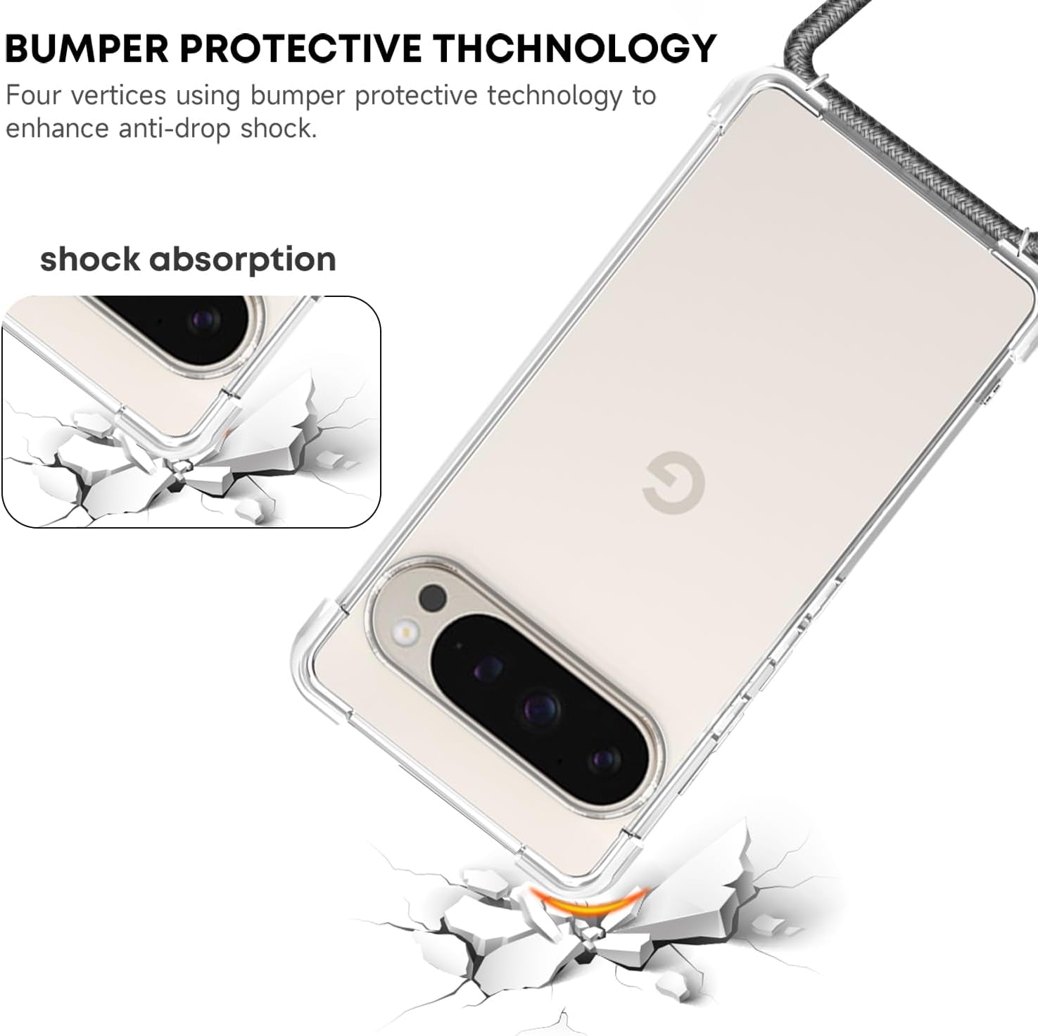 For Google Pixel 9 Pro XL Clear Case Lanyard Adjustable Cord Neck Shoulder Crossbody Strap Mobile Cover Durable Soft Cover Women Shockproof Protective Phone Case for Pixel 9 Pro XL - Gray