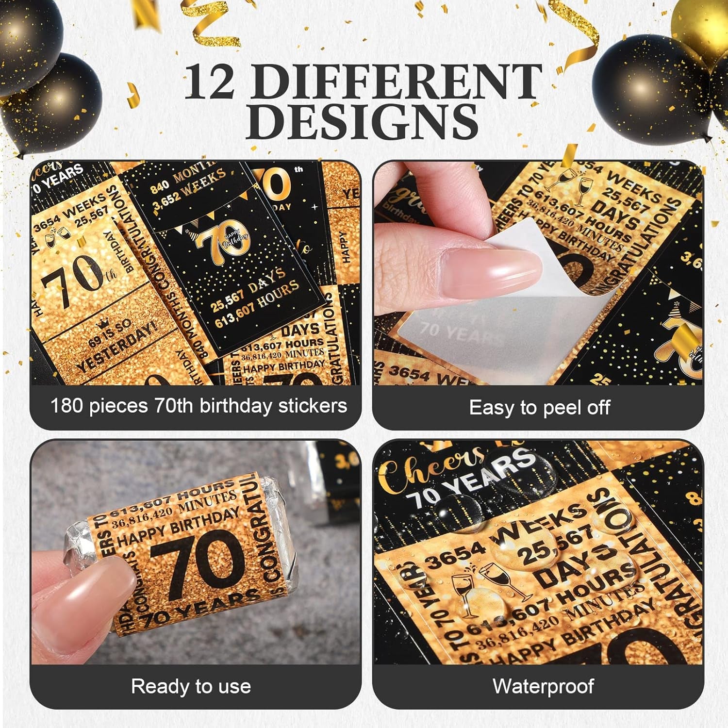 180 Pcs 70Th Birthday Stickers Black and Gold Cheers to 70 Years Candy Bar Wrappers Happy 70Th Birthday Party Favor Labels for Adults Anniversary Party Candy Chocolate Supplies