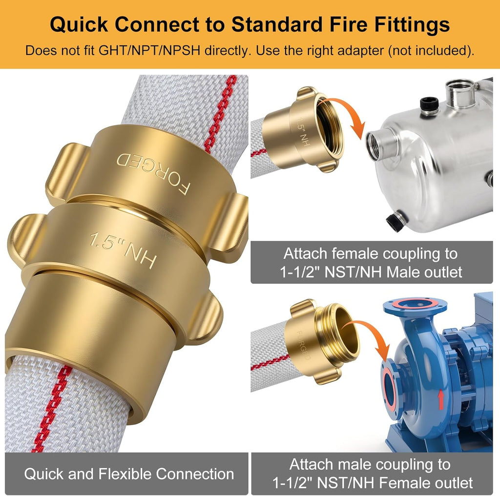 1-1/2" ID Fire Hose, 50Ft Single Jacket TPU Lay Flat Hoses with Brass NST/NH Couplings, 250 PSI Working / 750 PSI Burst, All-Weather Firefighter Hose for Fire Cabinets