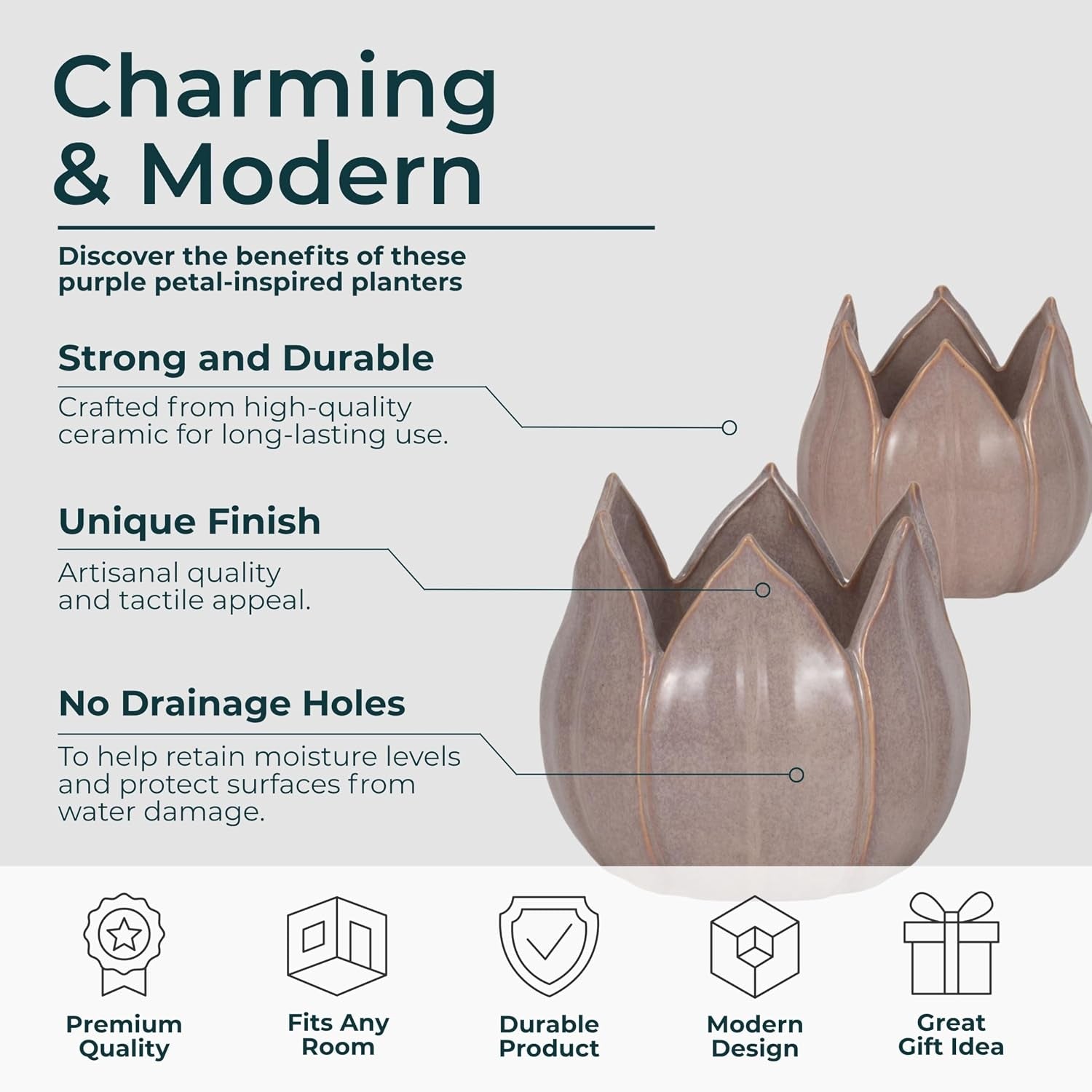 Flower Pots for Home Decor – Ceramic Petal Shaped Planters for Indoor and Outdoor Plants – Decorative Plant Pots That Work with Any Plant Perfect for Garden or Patio Decor; Set of 2 – 7", 5" Purple