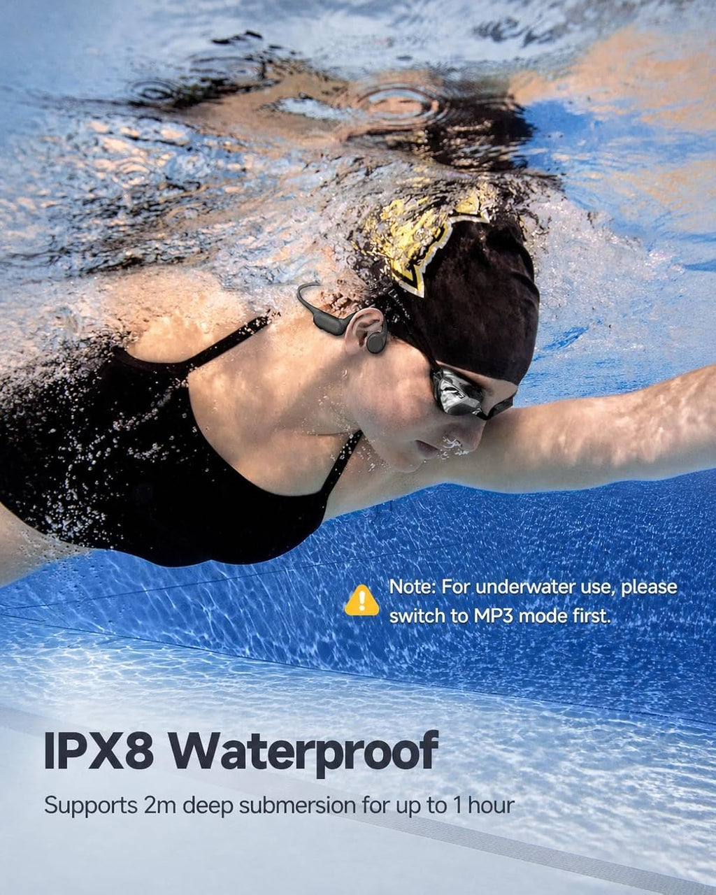 Bone Conduction Headphones, IPX8 Waterproof Swimming Headphones | Open Ear Earbuds with 32GB Memory, Switch to MP3 Mode Underwater, AI Music Generation, 8H Playtime Bluetooth 6.0 for Running
