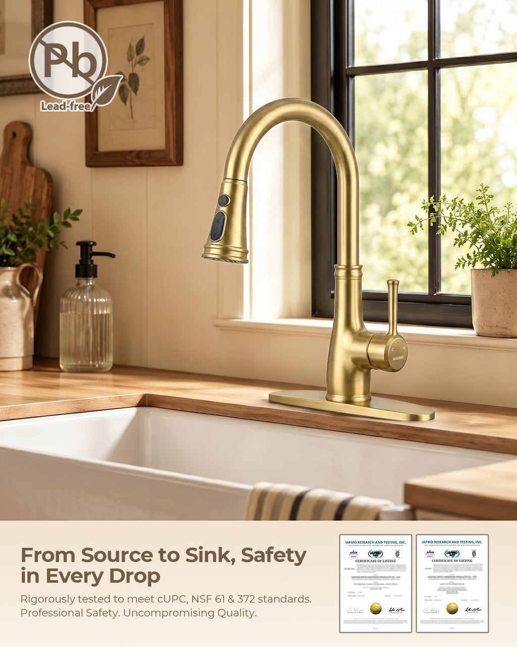 Vintage Kitchen Faucet, Pull-Down Sprayer, Brushed Gold, High Arc | 3 Modes Sprayer, 360 Swivel, Deck Plate, SUS304, Fits 1- or 3-Hole Sinks, 20-Inch Hose, Ceramic Cartridge, Lead-Free