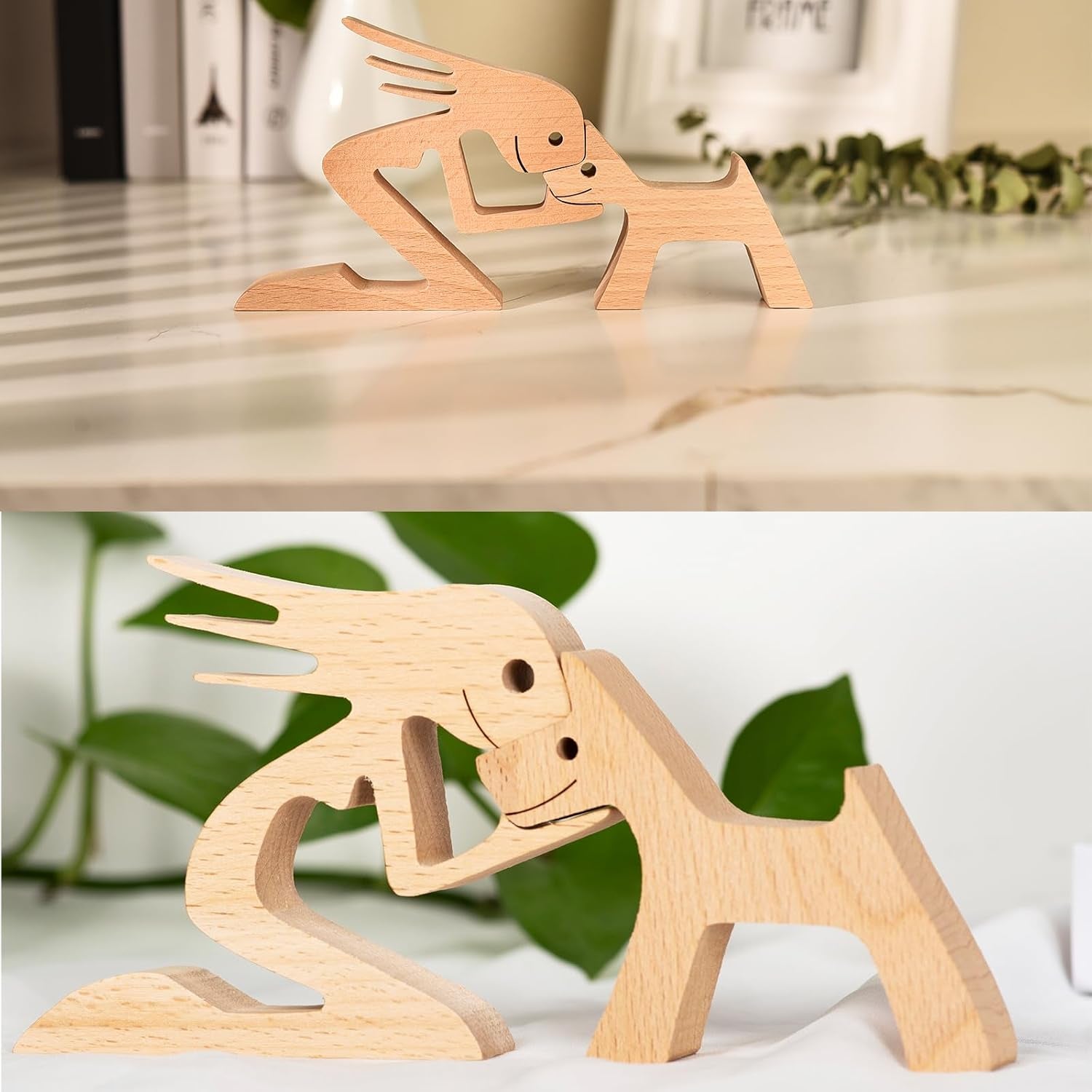 Wooden Sculpture Home Decor Women Men and Dog Statues, Friendship between Dog and Human Wood Crafts Statue Carving Ornaments for Bedroom Desktop Office Decoration (Girl and Dog)