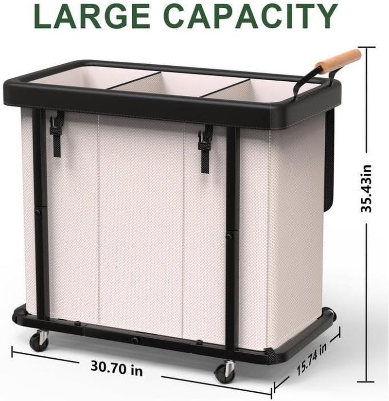 Laundry Hamper 3 Section,230L (60Gal) Rolling Dirty Clothes Hamper White | Laundry Basket with Wheels & Lid,Laundry Organizer Storage Cart with Metal Frame and Wooden Handle for Laundry Room, Hotel