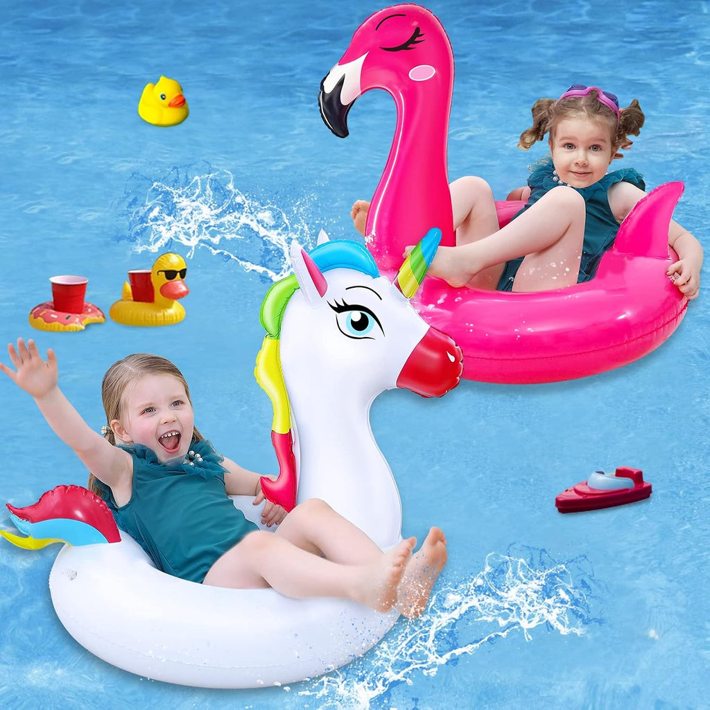 2 Pack Inflatable Flamingo Unicorn Pool Floats for Kids 3-8 Years | Pool Party Decorations/Beach/Summer, Durable PVC, Boys/Girls/Toddlers, Lounger/Raft, Vacation Floaties, Quick Inflate