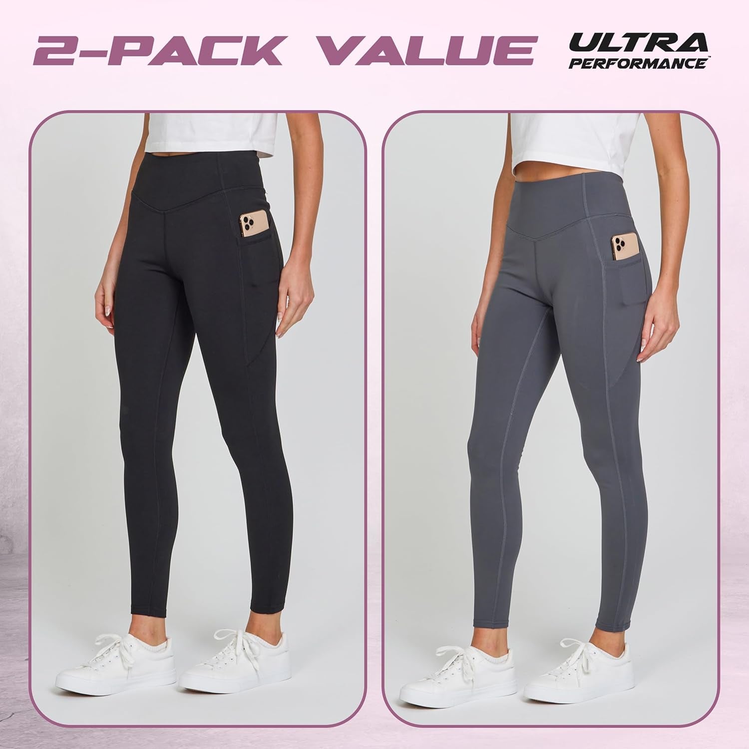 Lightweight Brushed Fleece Lined Leggings Women 2 Pk High Waisted Compression Womens Leggings with Pockets