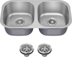 KRAUS Premier 32-Inch Undermount 50/50 Double Bowl 18-Gauge Stainless Steel Kitchen Sink with Strainers (X2), KBU22