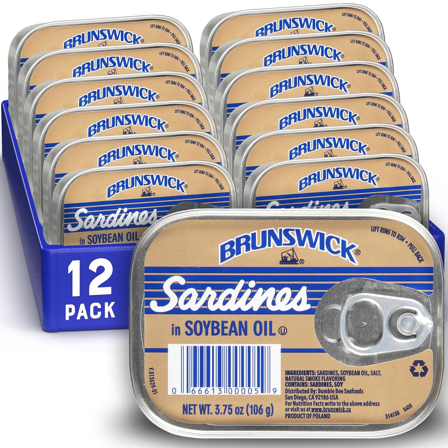 Wild Caught Sardines in Soybean Oil, 3.75 Oz Can (Pack of 12) - 14G Protein per Serving - Gluten Free, Keto Friendly, Kosher