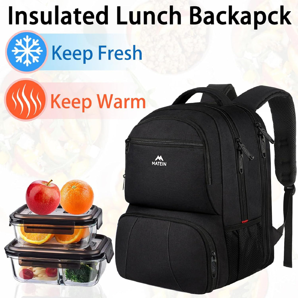 Lunch Backpack for Men, 17 Inch Work Backpack with Lunch Compartment | Laptop Compartment, Water Resistant, anti Theft, Insulated Cooler Backpack, Meal Prep Bag for College Travel Picnic, Black