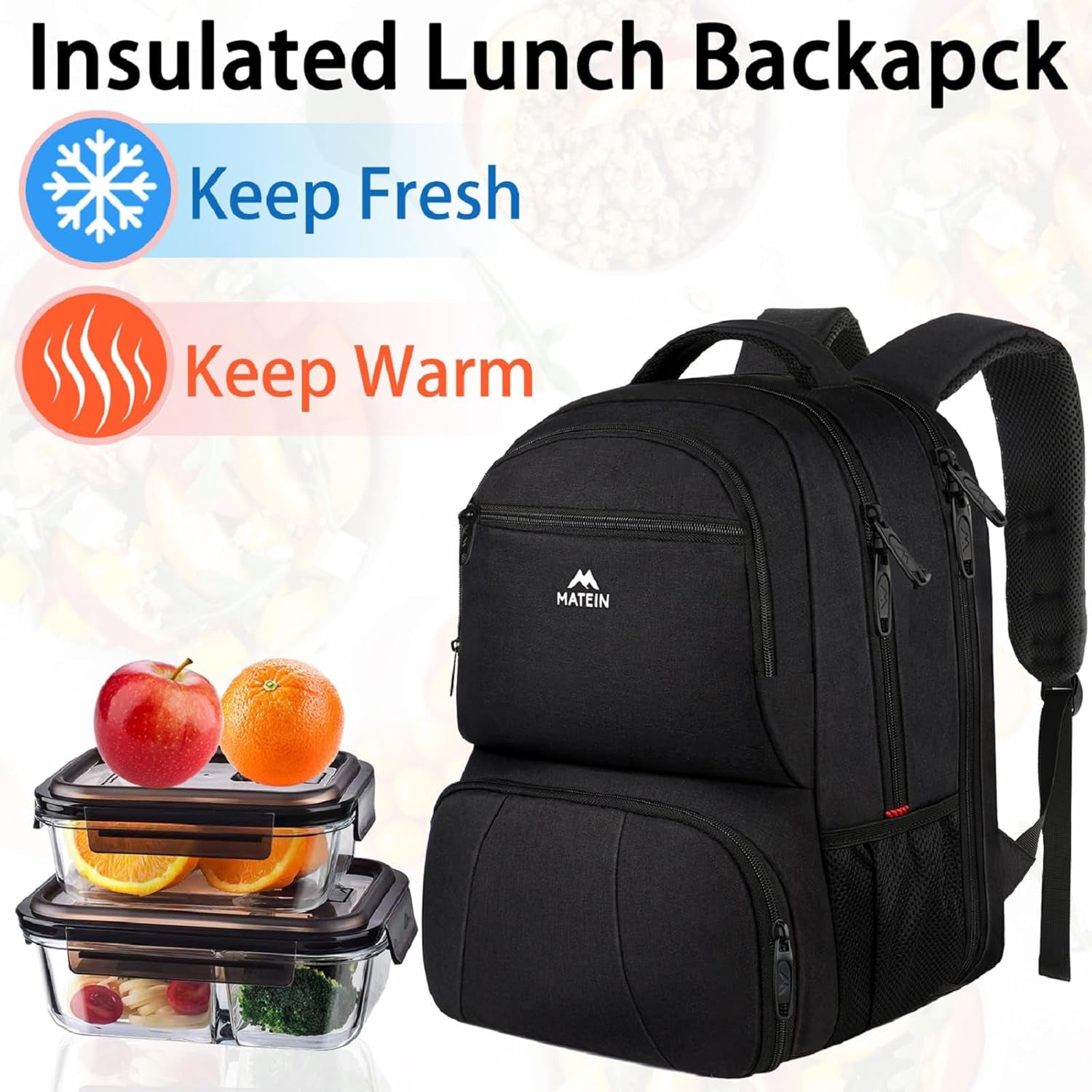 Lunch Backpack for Men, 17 Inch Work Backpack with Lunch Compartment | Laptop Compartment, Water Resistant, anti Theft, Insulated Cooler Backpack, Meal Prep Bag for College Travel Picnic, Black
