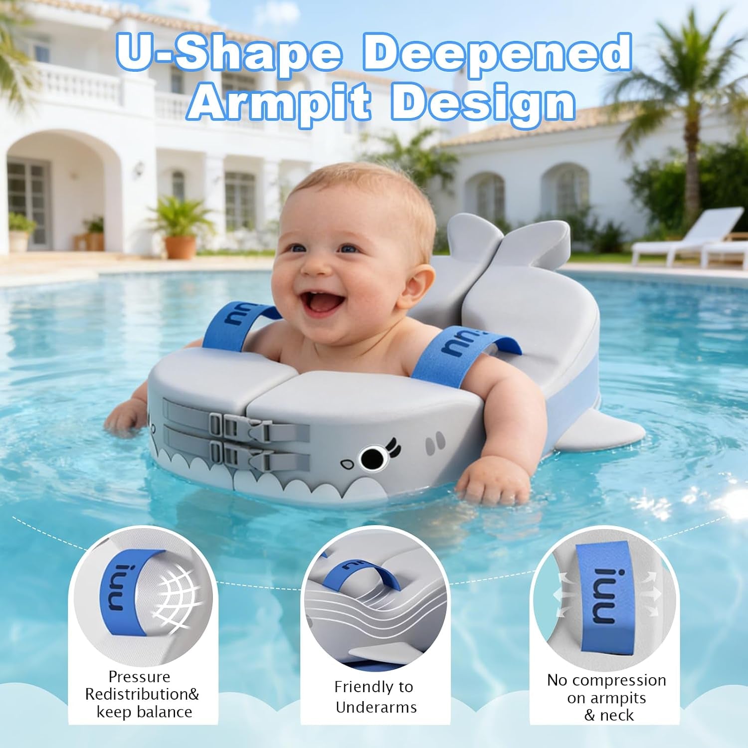 Non-Inflatable Baby Arm Floats with Solid Soft Pearl Foam, Swim Floats Adjustable Design Spring Swim Water Pool Float for 3-36 Months Kids Beach Essentials