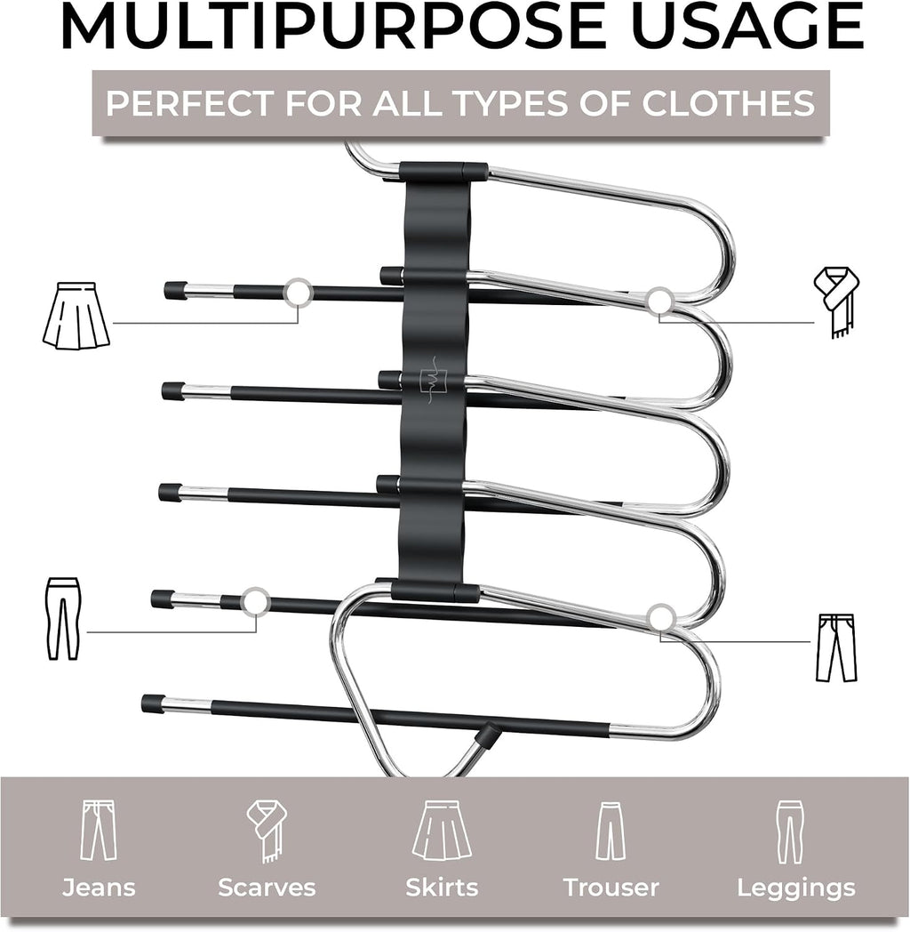 Pants Hangers Space Saving - 2 Pack - Non-Slip Multi-Layer Space Saving Hangers - Multifunctional Clothing Rack for Closet Storage - Ideal for Jeans, Trousers, Skirts, Scarves & Slacks (Black)