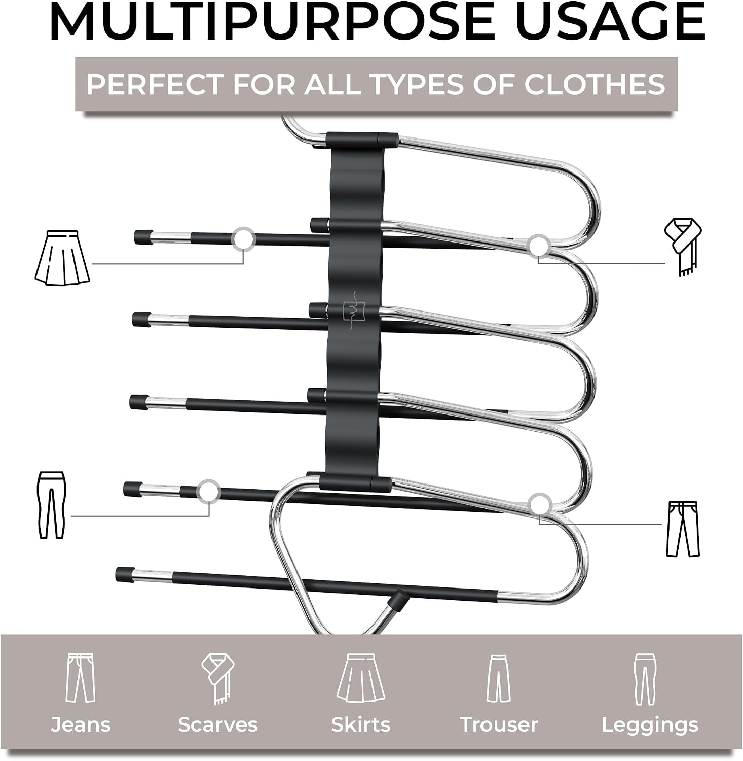 Pants Hangers Space Saving - 2 Pack - Non-Slip Multi-Layer Space Saving Hangers - Multifunctional Clothing Rack for Closet Storage - Ideal for Jeans, Trousers, Skirts, Scarves & Slacks (Black)