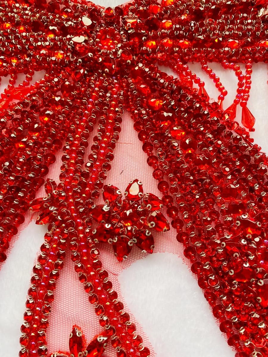 Butterfly Shape Bodysuit Applique Pure Hand-Stitched Beads and Crystal Patches Creative Tassels Shiny Dress Decorative Accessories (Red)