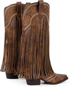 Fringe Cowboy Boots for Women Knee High Cowgirl Boots | Embroidered & Fringe Detail, Pointed Toe Mid Block Heel, All-Day Comfort, Fits Festivals, Parties, Weddings & All Occasions