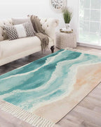 Teal Boho Coastal Area Rug 4X6 Living Room Rug with Tassel Woven Cotton Entryway Rug Washable Bedroom Rug Aesthetic Nursery Rug Ocean Beach Wave Ombre Green Floor Mat for Laundry Room
