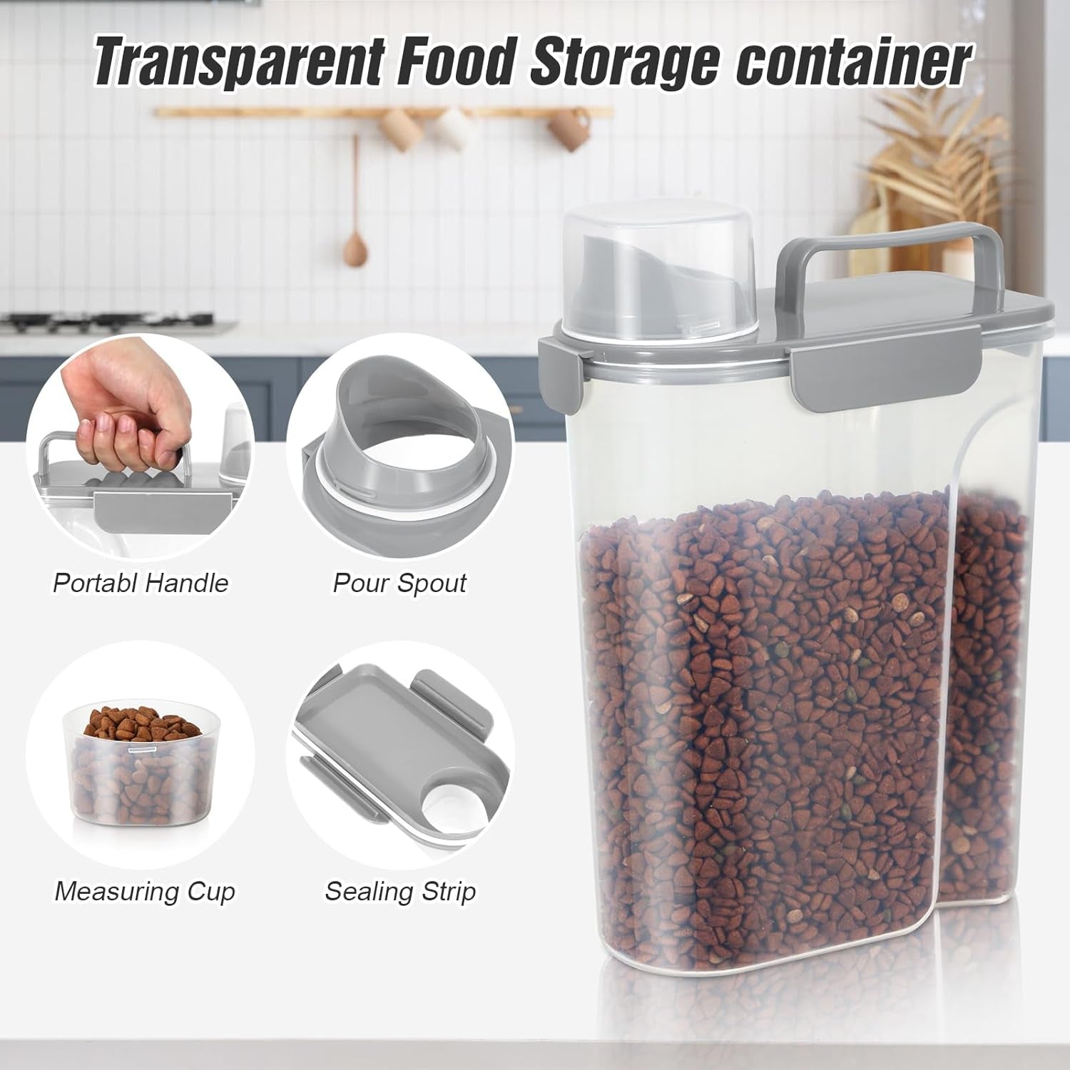 Dog Cat Food Storage Container 5 to 7 Lbs, Airtight Pet Food Dispenser with Easy-Pouring Spout & Measuring Cup, Portable Kibble Container for Travel Dog Food Storage
