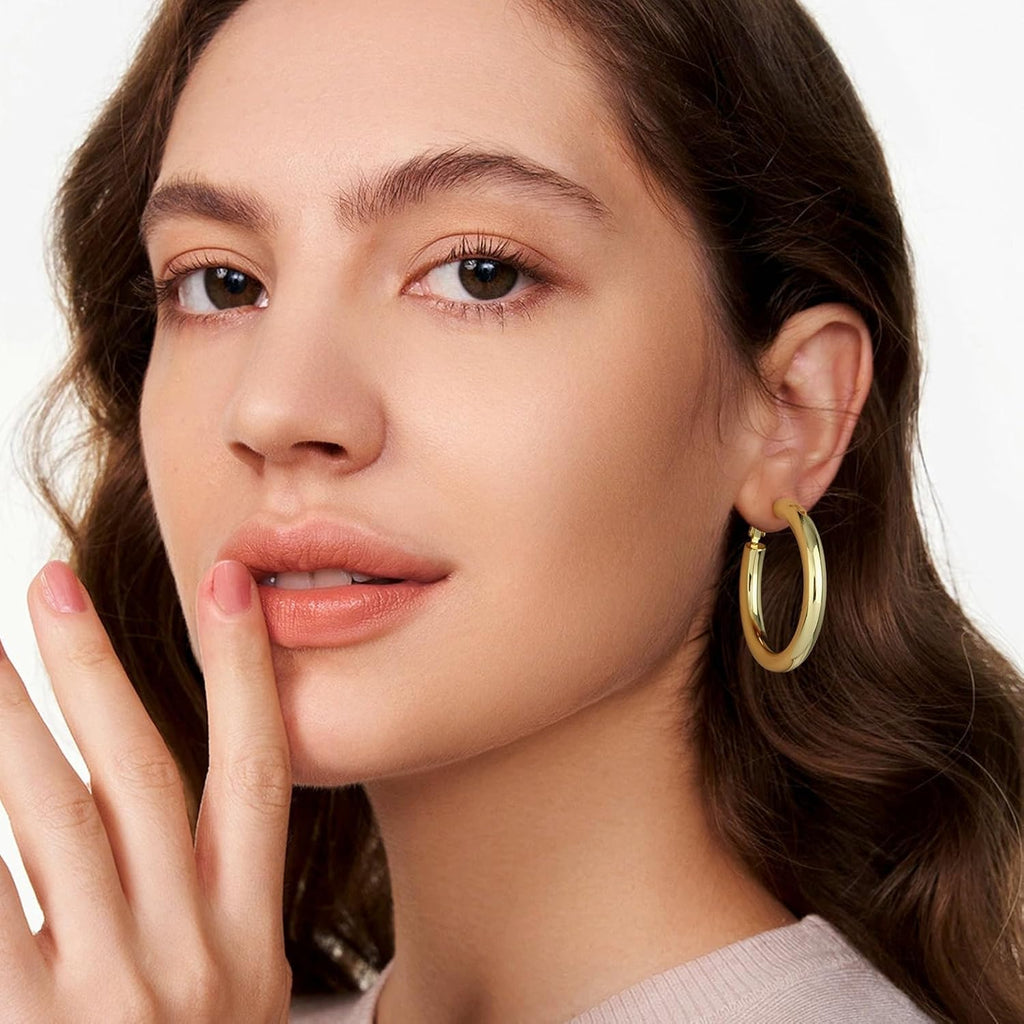 Chunky Gold Hoop Earrings - 14K Gold Plated Earrings for Women Hollow Tube Lightweight Thick Hoops 20/25/30/40Mm Valentines Graduation Mother'S Day Birthday Gifts