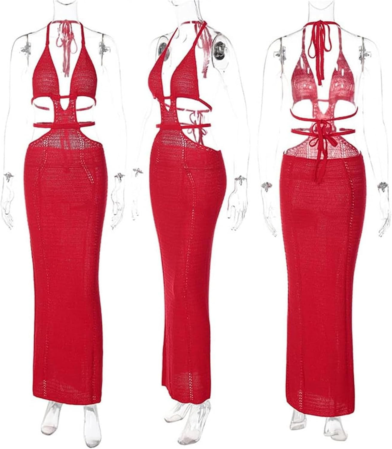 Women Sexy Crochet Maxi Dress Cut Out Halter V Neck Backless Knit Bodycon Long Dress Summer Beach Evening Party Dresses