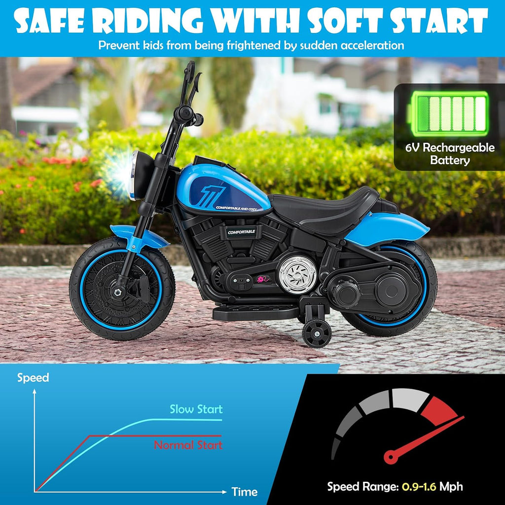 Ride on Motorcycle, 6V Toddler Motorcycle with LED Light, Music, Foot Pedal, Forward/Backward, Soft Start, 3-Wheel Battery Powered Electric Motorcycle for Kids, Gift for Boys Girls (Blue)