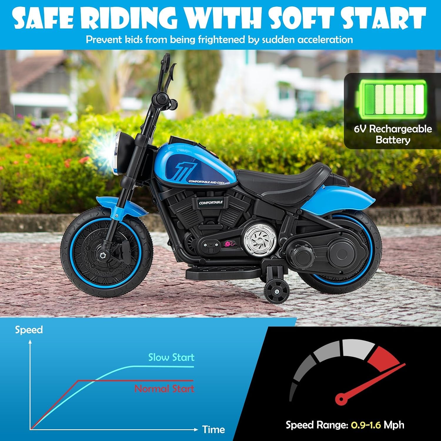 Ride on Motorcycle, 6V Toddler Motorcycle with LED Light, Music, Foot Pedal, Forward/Backward, Soft Start, 3-Wheel Battery Powered Electric Motorcycle for Kids, Gift for Boys Girls (Blue)