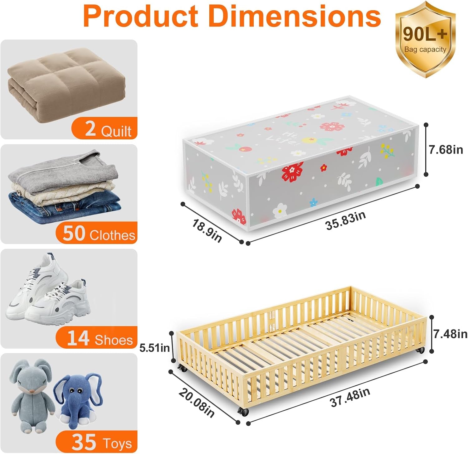 Bamboo under Bed Storage Containers with Wheels, 40L Underbed Drawers with Dust Bag, Breathable under Bed Shoe Storage, Rolling Underbed Clothes Storage, 2Pack