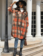Women Oversized Plaid Shacket Long Fall Flannel Shirt Jacket | Button down Flannel Coat with 2 Pockets, Drop Shoulder, Long Sleeve, Curved Hem, Casual Woolen Shacket 2026