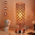 Pink Crystal Table Lamp, 3 Way Dimmable Touch Lamps for Night Stands | Rose Gold, Touch Control, USB C+A Charging Port, Desk Lamps for Girls Bedroom, Living Room, Home Office, Room Decor