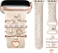 Flower Engraved Band Compatible with Apple Watch Bands for Women 40Mm 38Mm 41Mm 42Mm, Soft Silicone Strap with Dressy Decorative Apple Watch Charms for Iwatch Series 11 10 9 8 7 6 5 4 3 2 1 SE