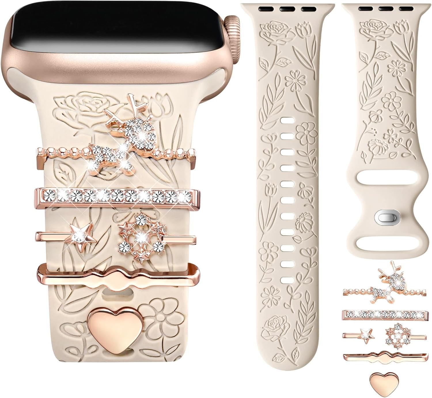 Flower Engraved Band Compatible with Apple Watch Bands for Women 40Mm 38Mm 41Mm 42Mm, Soft Silicone Strap with Dressy Decorative Apple Watch Charms for Iwatch Series 11 10 9 8 7 6 5 4 3 2 1 SE