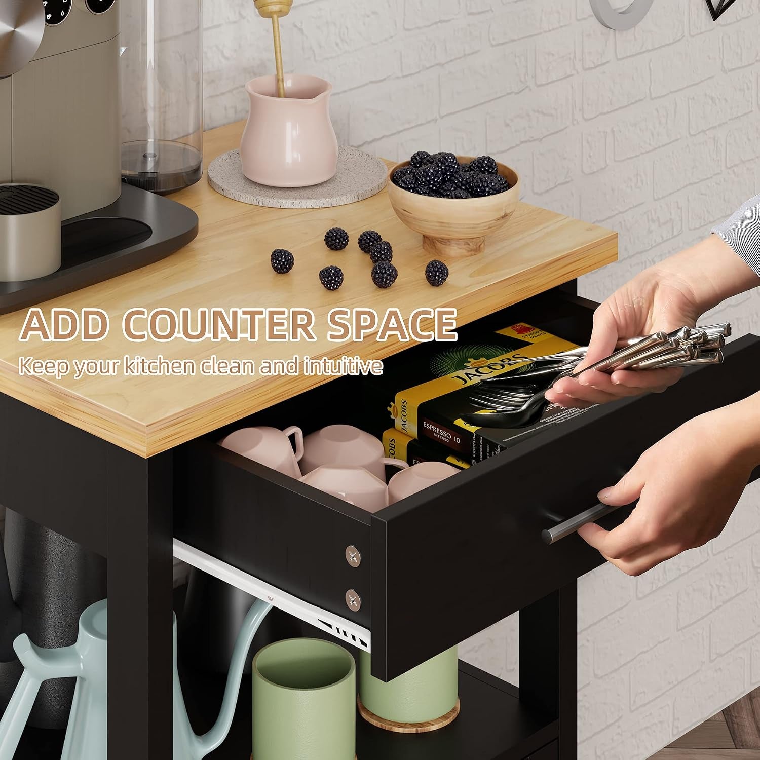 Kitchen Island Cart with Storage,Rolling Kitchen Island Side Table on Wheels with Worktop,Single Door Storage Cabinet and Drawer for Kitchen,Dinning Room, Black