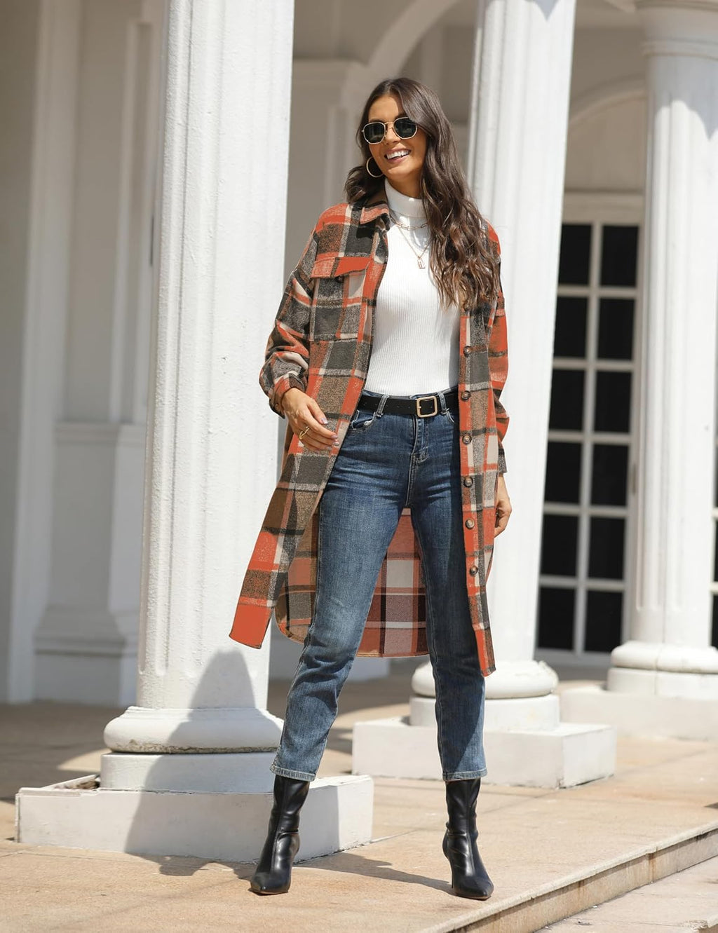 Women Oversized Plaid Shacket Long Fall Flannel Shirt Jacket | Button down Flannel Coat with 2 Pockets, Drop Shoulder, Long Sleeve, Curved Hem, Casual Woolen Shacket 2026