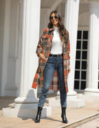 Women Oversized Plaid Shacket Long Fall Flannel Shirt Jacket | Button down Flannel Coat with 2 Pockets, Drop Shoulder, Long Sleeve, Curved Hem, Casual Woolen Shacket 2026