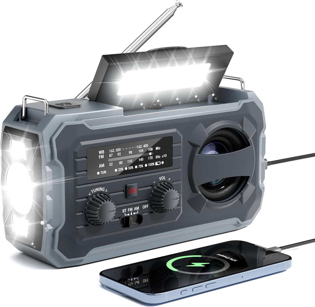 Hand Crank Emergency Radio 10000Mah Weather Radio with AM/FM/NOAA, Grey | Emergency Weather Radio with Solar Prower SOS Phone Charging LED Flashlight, Survival Gear for Outdoor Home Emergencies Kits