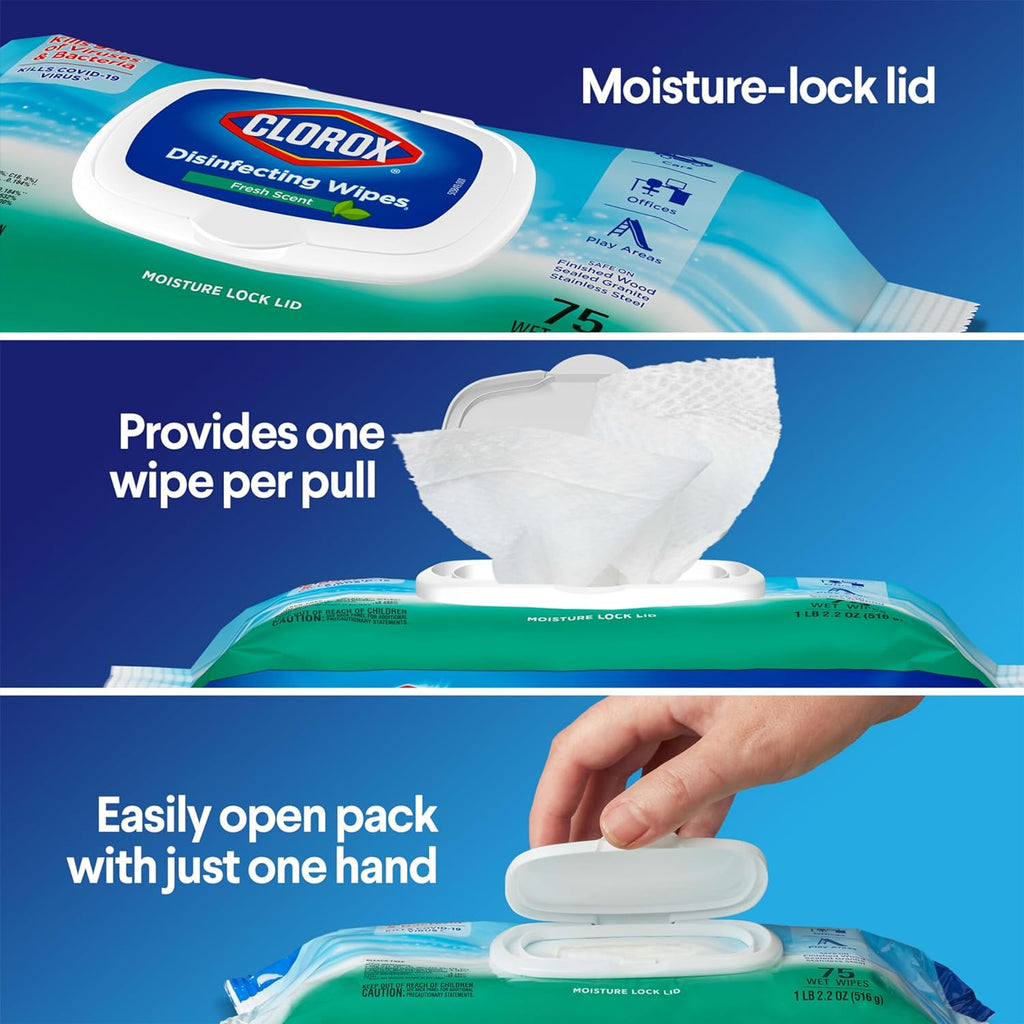 Disinfecting Wipes, Bleach Free, Household Essentials, Fresh Scent, Moisture Seal Lid, 75 Cleaning Wipes, Pack of 3 (New Packaging)