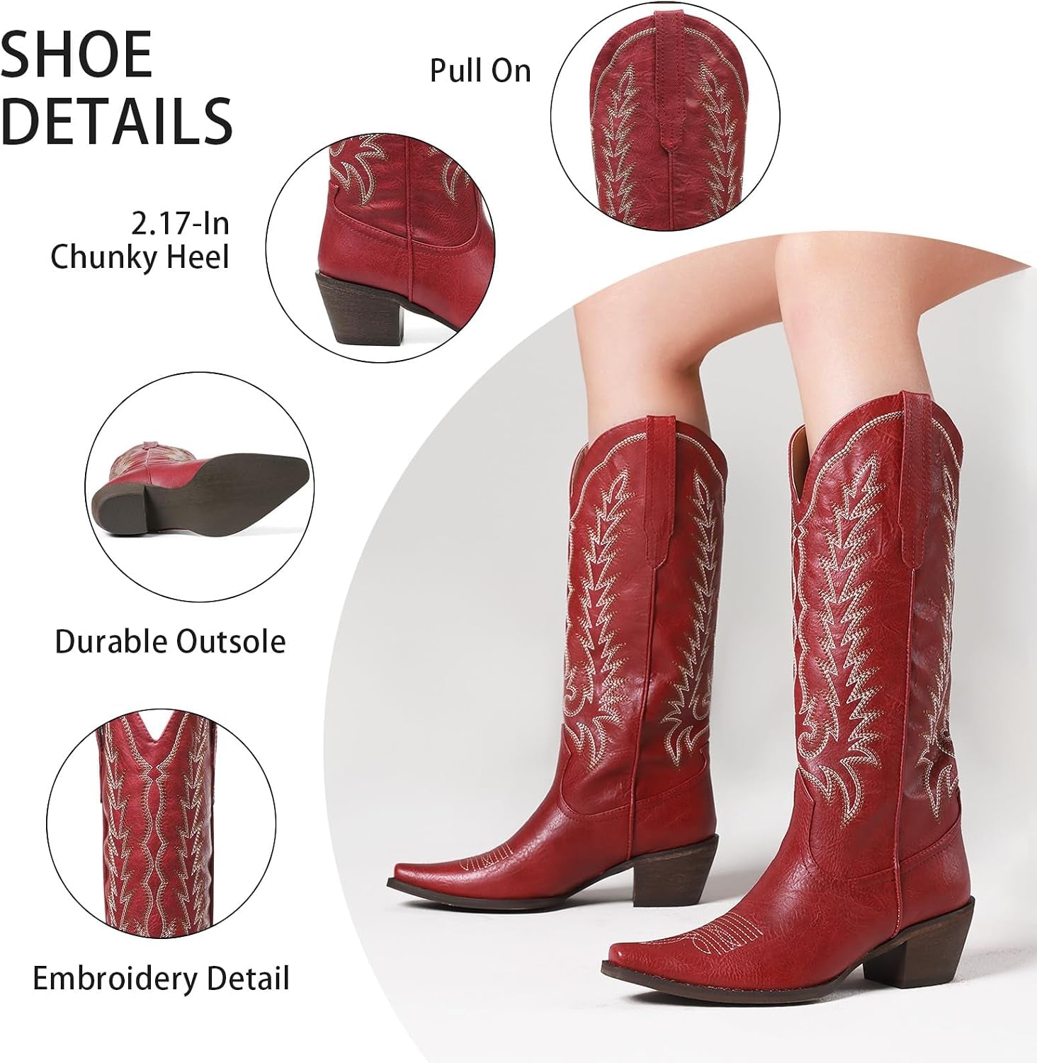 Cowboy Boots for Women: Embroidered Western Knee High Boots Women - Pointed Toe Chunky Heel Cowgirl Tall Boots