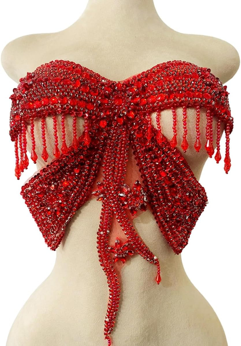 Butterfly Shape Bodysuit Applique Pure Hand-Stitched Beads and Crystal Patches Creative Tassels Shiny Dress Decorative Accessories (Red)