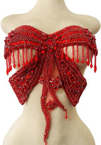 Butterfly Shape Bodysuit Applique Pure Hand-Stitched Beads and Crystal Patches Creative Tassels Shiny Dress Decorative Accessories (Red)