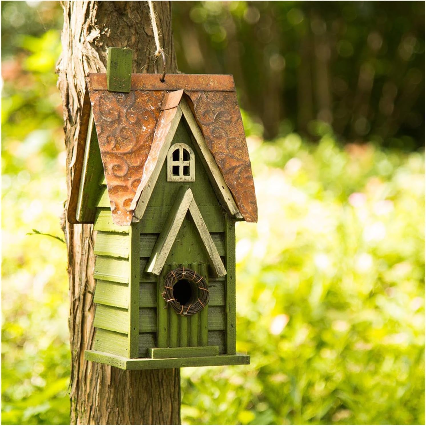12" H Green Hanging Distressed Solid Wood Garden Bird House Decorative Birdhouse