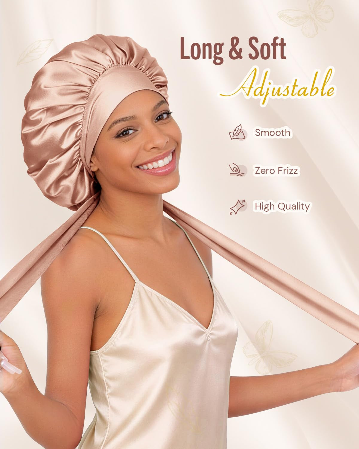 Double Layer Silk Bonnet for Sleeping for Women Satin Lined Bonnet Night Cap for Curly Hair with Tie Band,Champagne