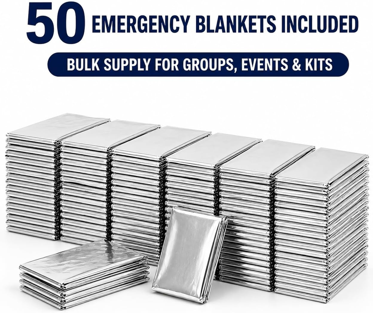 Lot of 50 Emergency Mylar Blankets - 84" X 52" | Mylar Emergency Blankets, Survival Foil Thermal Blankets for First Aid Kits, Camping, Hiking, Travel & Outdoor Preparedness