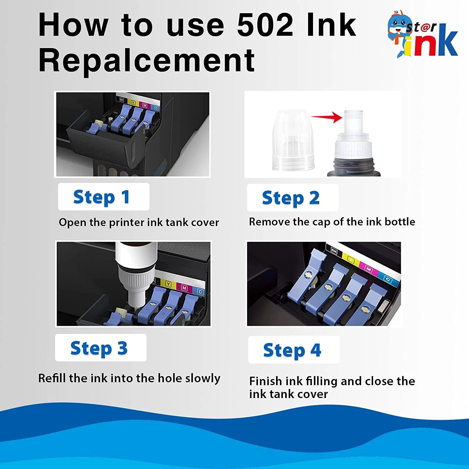 502 Ink Bottles for Epson 502 Ink Refill Bottles (2 Black, Cyan, Magenta, Yellow, 5 Pack)