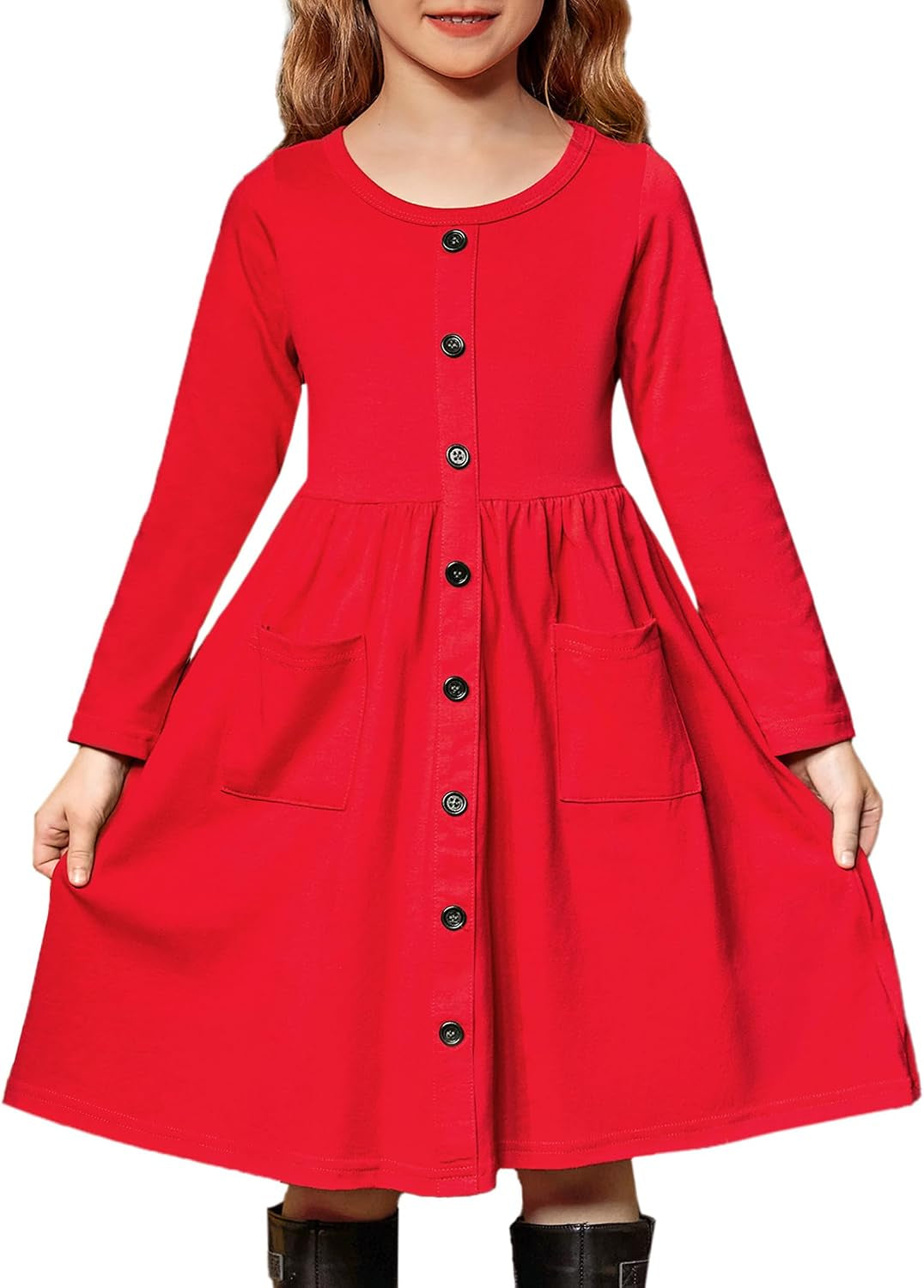 Girl'S Button Dresses down Long Sleeve Sundress A-Line Dress With