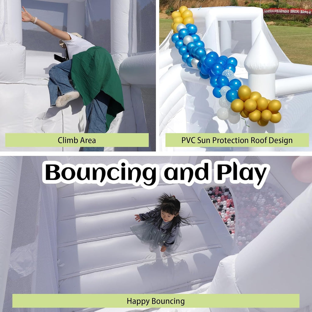 16FT Commercial White Bounce House for Kids & Adults with Slide & Ball Pit | 100% PVC Inflatable Bounce House with Slide, Ball Pit and Blower, Ideal for Weddings, Parties, Backyard Events and Family Fun